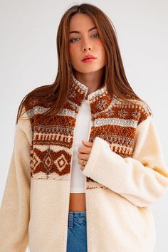 Sherpa sweater zip up Aztec print crew neck runs tts White Jacquard Knit Sweatshirt For Fall, Cozy Crew Neck Fleece Jacket For Fall, Cozy Fleece Jacket With Crew Neck, Cozy Crew Neck Fleece Jacket, Cozy Crew Neck Fleece Jacket For Winter, Aztec Clothes, Cuddle Season, Zip Up Design, Sherpa Sweater