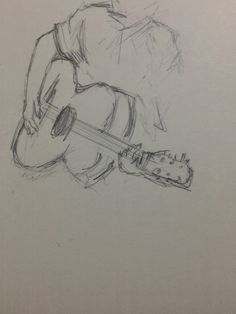 a pencil drawing of a man playing the guitar with his head tilted to the side