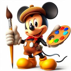 a cartoon mickey mouse holding a paintbrush and an artist's palette in his hand