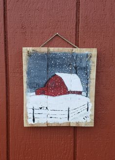 Snowy night on reclaimed wood Painted Winter Scenes On Wood, Christmas Paintings On Wood, Barn Wood Art, Wood Paintings, Winter Paintings, Snowy Night, Barn Painting