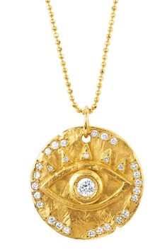 LOGAN HOLLOWELL-Diamond Eye of Protection Coin Pendant Necklace-YELLOW GOLD Moonstone Eyes, I Am Protected, Eye Of Protection, Logan Hollowell, Sunshine Necklace, Dainty Diamond Necklace, In Cursive, Coin Pendant Necklace, Back Necklace