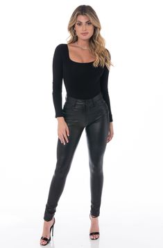 Kancan Black Skinny Pants High rise Faux leather Matte finish Front metal button and zipper closure Functional front & back pockets Model: Height 5’9, Bust 34B, Waist 24”, Hips 36”, Dress 2-4 Model wearing Size: 26 Hypeach Style Number: BP036-BLK Introducing the Kancan Black Faux Leather High Rise Skinny Pants. Designed to snatch & sculpt, the quintessential faux leather pants have arrived. Our Kancan Black Faux Leather High Rise Skinny Pants are high-waisted combined with a classic skinny fit a Fitted High-rise Leather Pants, Fitted Black High-waisted Leather Pants, High-waisted Leather Pants With Zipper For Night Out, Chic Tight Black Leather Pants, Chic Tight Full-length Leather Pants, Metallic Sweater, Leather Pants Women, Faux Leather Pants, Best Wear