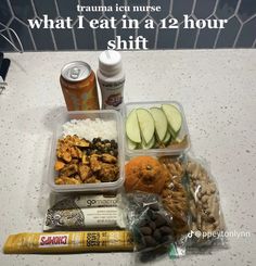 an assortment of food in plastic containers on a counter with the words what i eat in a 12 hour shift