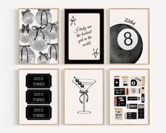 four framed art pieces with black and white designs on them, including an eight ball