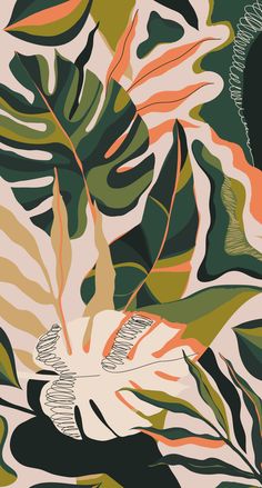 an abstract painting of leaves and plants in shades of green, pink, yellow and orange