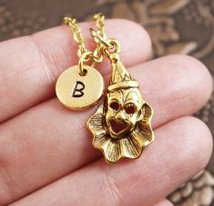 Clown Necklace, Initial Necklace, Clown Pendant Jewelry, Circus Pendant Necklace, Clown Charm Neckla Necklace Initial, Monogram Necklace, Themed Jewelry, Letter Charms, Personalized Monogram, Necklace Personalized, Brass Chain, Initial Necklace, Hand Stamped