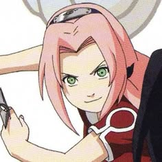 an anime character with pink hair and green eyes holding a pair of scissor