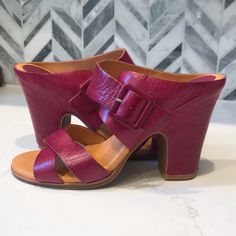 Kork Ease Magenta Pink Rasberry Leather Wrapped Heel Sandals With Buckle. New Without Tags, From Anthropologie. Approximately 4.5” Anthropologie Free People Urban Outfitters Madewell Lucky Brand Jeffrey Campbell Zara J. Crew H & M Modern Boho Vintage Bohemian Purple Open Heel Heels With Buckle Closure, Elegant Purple Sandals With Buckle Closure, Purple Block Heels With Stacked Heel, Purple Heels With Stacked Block Heel, Casual Purple Leather Heels, Purple Heels With Buckle Closure, Purple High Heels With Buckle Closure, Purple Heels With Buckle Closure For Formal Occasion, Purple Leather Sandals With Buckle Closure