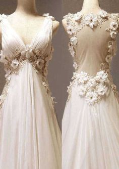 two white dresses with flowers on them, one in the front and the other in the back