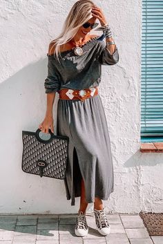 Gray Shirred Off Shoulder Maxi Dress with Split Lisa Fischer, Cozy Wear, Dress Purse, Dress With Split, Off Shoulder Maxi Dress, Romper And Jacket, Split Design, Dress 100, Grey Fashion