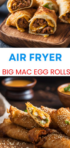 Air Fryer Big Mac Egg Rolls are packed with seasoned ground beef, cheese, and pickles, served with a side of delicious special dipping sauce. Easy Air Fryer Cheeseburger Egg Rolls, Big Mac Egg Rolls Air Fryer, Cheeseburger Eggrolls Air Fryer, Big Mac Egg Rolls, Egg Rolls Recipe, Seasoned Ground Beef, Peanut Butter Eggs, Pickled Eggs