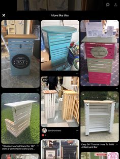 several different types of wooden crates in various colors and sizes, all with labels on them