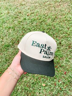 East Palm Salon Embroidered Baseball Hat Adjustable Snapback Color: Cream & Green Flat Brim Hats With Embroidered Logo For Summer, Summer Baseball Cap With Embroidered Logo And Short Brim, Spring Vacation Snapback Hat With Flat Brim, Embroidered Snapback Hat For Summer, Summer Flat Bill Hat With Embroidered Logo, Embroidered Baseball, Fall Collections, Baseball Hat, Hat Hairstyles