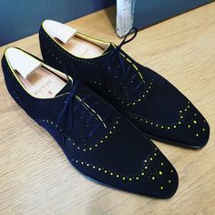 Handmade Black Suede and Neon Yellow Oxford Brogue Contrast Dress Shoes sold by Unique Handmade Leather Shoes . Shop more products from Unique Handmade Leather Shoes on Storenvy, the home of independent small businesses all over the world. Polo Mens Fashion, Stylish Mens Suits, Quality Leather Boots, Contrast Dress, Custom Design Shoes, Oxford Brogues, Man Shoes, Versace Shoes, Bespoke Shoes