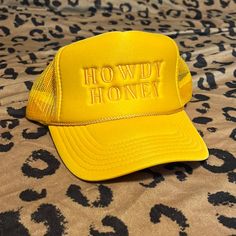 “Howdy Honey” Yellow Trucker Hat. From American Honey Salon. Never Worn/ Brand New Condition. No Tags. Yellow Trucker Hat For Summer, Trendy Yellow Snapback Hat, Vintage Yellow Baseball Cap Trucker Hat, Retro Yellow Trucker Hat With Curved Brim, Yellow Trucker Hat Baseball Cap For Spring, Yellow Retro Trucker Hat, Yellow Vintage Trucker Hat, Vintage Yellow Trucker Baseball Cap, Yellow Snapback Trucker Hat For Summer