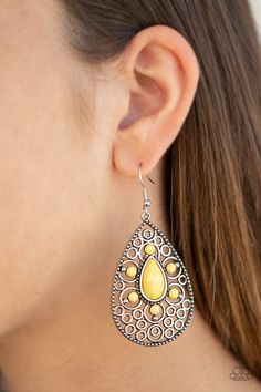 A collection of faceted yellow beads adorns the front of a frilly silver teardrop, creating a flowery frame. Earring attaches to a standard fishhook fitting. Pink Jewels, Yellow Earrings, Fish Hook Earrings, Paparazzi Accessories, Rings Bracelets, Fabulous Jewelry, Earrings Rings, Unisex Jewelry, Paparazzi Jewelry