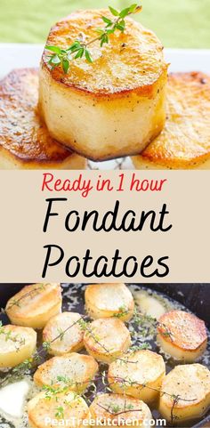 some food is being cooked in a skillet with the words ready in hour fondant potatoes