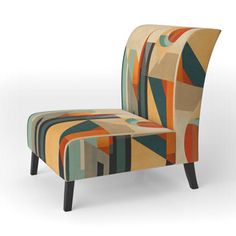 an upholstered chair with multicolored fabric