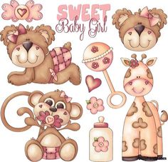 baby girl clipart set with teddy bears, giraffes and other items