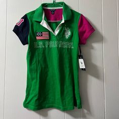 New With Tag Looks Exactly Like The Pictures Green Cotton Crew Neck Polo Shirt, Sporty Green Polo Shirt With Graphic Print, Green Short Sleeve Top With Logo Print, Green Cotton Polo Shirt With Graphic Print, Green Short Sleeve Polo Shirt With Graphic Print, Pink Polo Shirt, Us Polo Assn, Polo Tees, Casual Shirt Women