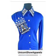 Specialise in Showmanship, Horsemanship, Western Rodeo Queen Jackets, Show shirts, Show Pad and Show vest. Unveiling our Brand New Sparkling Royal Blue Show Shirt done by UnicornShowApparels ❤️ Each and Every design made with the Proper Pattern. So that it wouldn't go to the Wrong direction and haven't Make you Feel the Clumsiness and Tightened. We also set the Seam from All sides of the Corner for making the Future Alteration as We must not be Forget to Mention About the Cloth that we use Stretchable which is very Supportive to your Body and Medium weight, which Automatically Adjust your Size and Offer Great FREEDOM To Move and Ride while still being Light, Cool and Undeniably Stylish. In our expressive designs We also offer our customers to use Leather instead of rexin in our Swirls Patt Fitted Blue Western Tops, Blue Fitted Western Tops, Showmanship Outfit, Horsemanship Shirt, Western Show Shirts, Blue Day, Rodeo Queen, Western Rodeo, Swirl Pattern