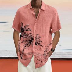 White Men's Linen Shirt Summer Shirt Beach Shirt Turndown Summer Short Sleeve White Pink Blue Tree Casual Daily Clothing Apparel Print Printed Shirt For Vacation With Casual Collar, Vacation Printed Tops With Casual Collar, Casual Hawaiian Shirt With Casual Collar For Vacation, Casual Camp Shirt With Palm Tree Print, Casual Shirt With Palm Tree Print And Camp Collar, Casual Vacation Short Sleeve Shirt With Palm Tree Print, Casual Collared Shirt With Palm Tree Print, Casual Collared Camp Shirt With Palm Tree Print, Casual Long Sleeve Hawaiian Shirt