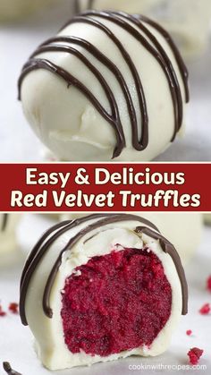 red velvet truffles with chocolate drizzled on top and white frosting