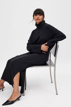 Knitted Oversized Midi Dress Black Oversized Maxi Dress, Maxi Dress Black, Ribbed Turtleneck, Wide Sleeves, Knitting Materials, Black Midi Dress, Black Maxi Dress, Soft Knits, Oversized Fits