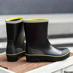 Russoo - Premium Mens Mid-Top Rain Boots: Durable, Waterproof, and Non-Slip Footwear for Outdoor Activities like Walking and Fishing Black Non-slip Rain Boots For Outdoor Activities, Yellow Weatherproof Rain Boots For Outdoor, Slip-resistant Black Rain Boots For Rainy Season, Slip-resistant Black Rain Boots, Black Slip-resistant Rain Boots For Rainy Season, Black Slip-resistant Rain Boots, Casual Waterproof Sports Rain Boots, Casual Waterproof Rain Boots For Sports, Black Rain Boots With Protective Feet For Outdoor Activities