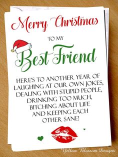 a christmas card with the words merry christmas to my best friend written in red and green