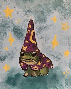 a painting of a frog wearing a purple hat with stars on it's head