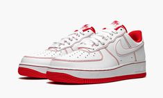 The Nike Air Force 1 Low ‘07 “Contrast Stitch - White/Red” gives a subtle update to the classic “White on White” colorway of the retro basketball and lifestyle silhouette.  One of several colorways in the Air Force 1’s “Contrast Stitch” collection, the “White/Red” is an essential footwear option for any sneaker collection.  White leather appears on the perforated toe, mid-panel, and heel.  University Red contrast stitching outlines each panel on the upper and borders the tonal Swoosh detailing o Adidas Yeezy Women, Adidas Outfit Women, Red Nike, Nike Air Force 1 Low, Stadium Goods, Nike Kids, Air Force 1 Low, Girl Shoes, Sneaker Collection