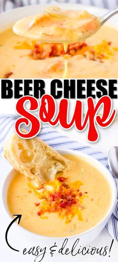 beer cheese soup in a white bowl with a spoon