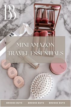 the contents of a travel essentials box with text overlay that reads, mini amazon travel essentials