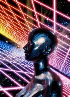 an image of a futuristic man in front of colorful lines and stars on the background