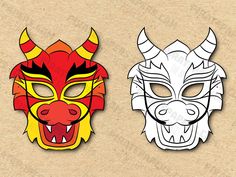 two paper masks with different colors and designs on the front, one has an animal's face