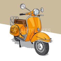 an orange scooter parked on the side of a road next to a wall