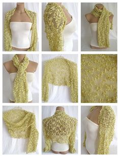 six pictures of different ways to tie a shawl with yarn or crochet