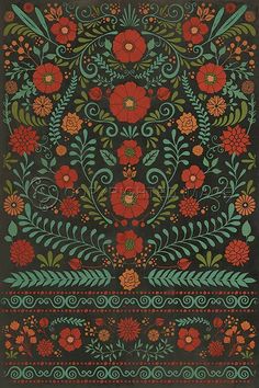 an ornate floral design with red flowers and green leaves on a black background, in the middle