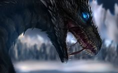 a close up of a dragon with its mouth open and glowing blue in the background