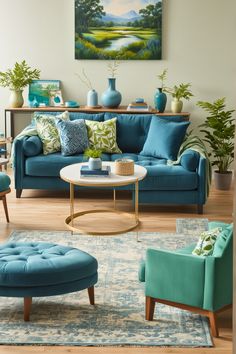 a living room with blue couches and green chairs