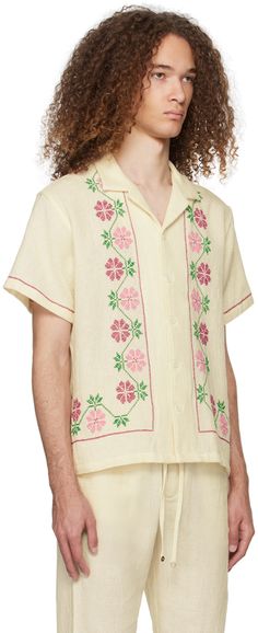 Handcrafted mock leno-woven cotton shirt. Cross-stitched floral pattern throughout. · Open spread collar · Button closure Supplier color: Off-white Spring Casual Camp Shirt With Floral Embroidery, Casual Spring Camp Shirt With Floral Embroidery, Summer Floral Embroidered Collared Camp Shirt, White Embroidered Camp Shirt For Spring, Spring Embroidered White Camp Shirt, Cream Spread Collar Shirt For Spring, Cotton Camp Shirt With Floral Embroidery, White Spread Collar Camp Shirt For Spring, White Spring Camp Shirt With Buttons