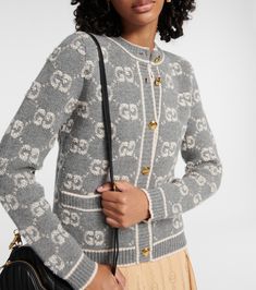 Find GUCCI Gg Wool Bouclé Jacquard Cardigan on Editorialist. Material: 100% wool. Care instructions: hand wash. Made in Italy. Designer color name: Grey/Ivory. Closure: buttoned front. Gucci Cardigan, Gucci Pattern, Jacquard Cardigan, Creative T Shirt Design, Color Name, Patterned Cardigans, Beige Cardigan, Jacquard Knit, Knitwear Cardigan