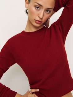 How classic. Shop the Dana Cashmere Crew Sweater from Reformation, a fitted long sleeve sweater with a crew neckline. Work Wear Outfits, Fitted Long Sleeve, Cashmere Blend Sweater, Sheer Tights, Fashion Wishlist, Vintage Inspired Dresses, Clothing Essentials, Outerwear Sweater, Inspired Dress