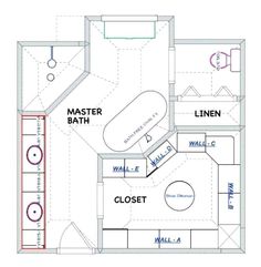 the floor plan for a master bath and closet in a bathroom with an attached toilet