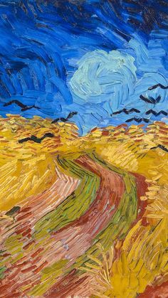 an oil painting of a dirt road in the middle of a field with blue sky and clouds