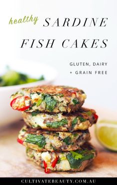 three cakes stacked on top of each other with the words healthy sardine fish cakes