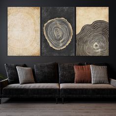 three paintings on the wall above a couch in a room with wood flooring and black walls