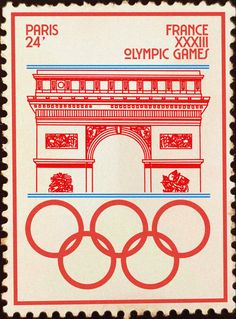 a postage stamp with the olympic rings on it's front and an image of the arc de trioe