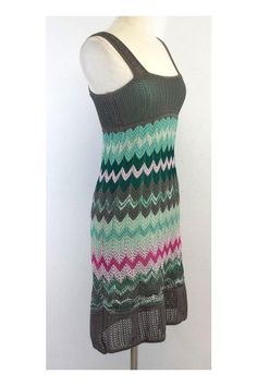 Size 4 Italy 40 Grey, Green & Pink Chevron Knit Tank Dress 100% nylon Made in Italy Slips on Shoulder to hem 37" Fitted Multicolor Casual Sweater Dress, Stretch Knit Green Sweater Dress, Green Stretch Knit Sweater Dress, Fitted Green Knit Sweater Dress, Multicolor Knit Dresses For Winter, Green Sleeveless Knit Dress, Fitted Multicolor Summer Pattern, Multicolor Knit Stretch Dress, Multicolor Stretch Knit Dresses